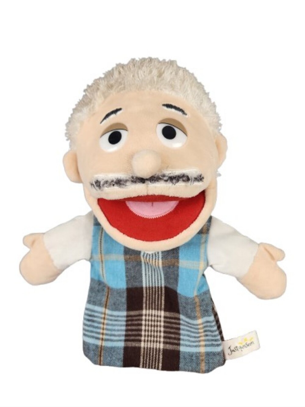 Just Qunseen Grandpa Old Man Hand Puppet Plush Gray Hair Mustache Plaid Vest